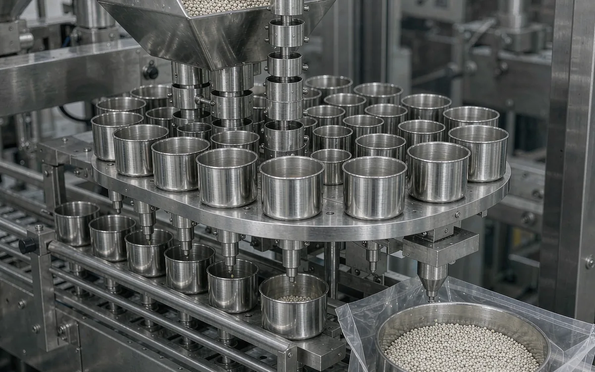 Precision dosing cup and volumetric filling system for sachet machines
